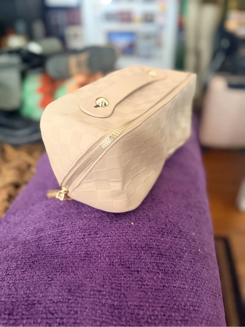 Beige Checkered Cosmetic Travel Pouch - Neutral Makeup Organizer